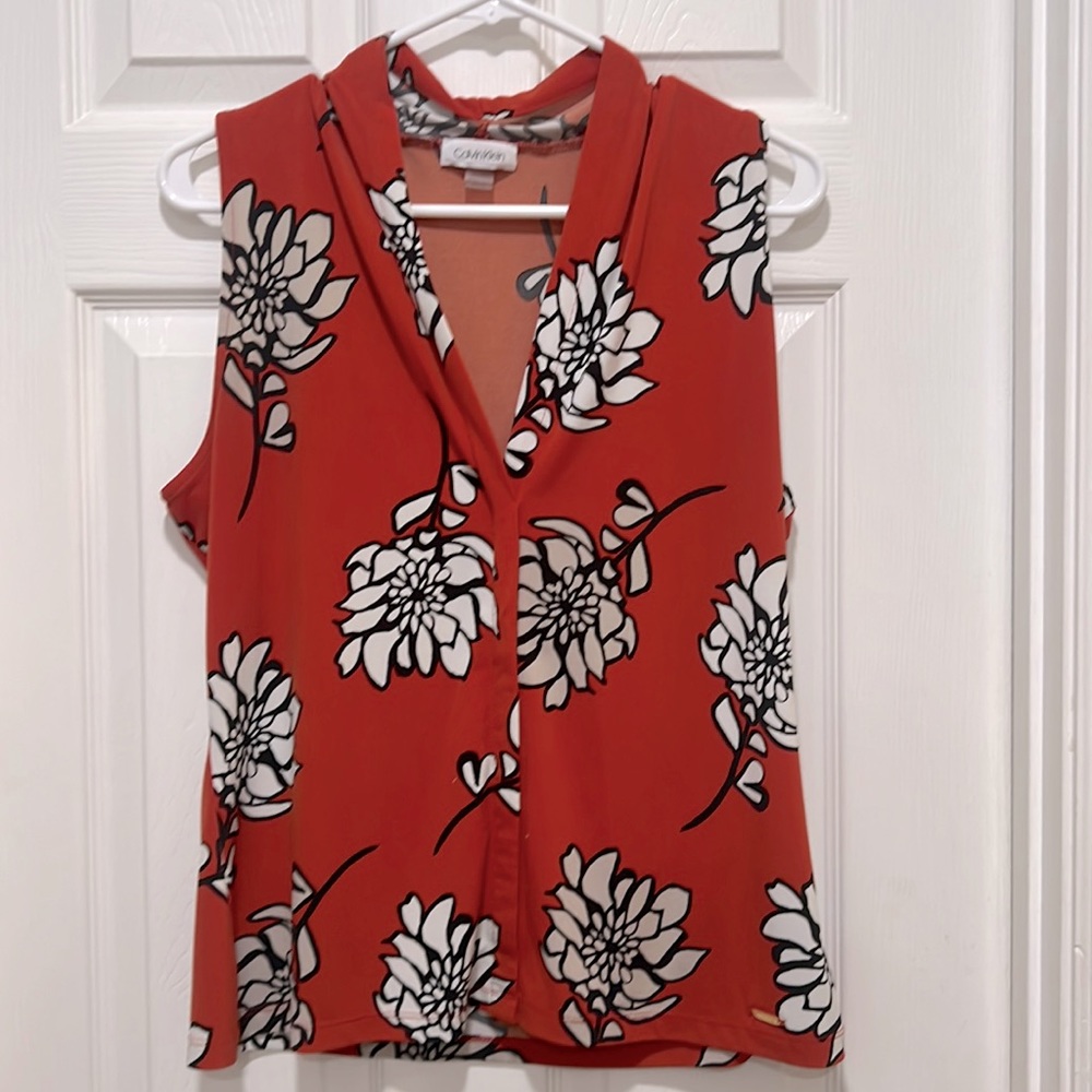 Calvin Klein Orange, tan, black and White Floral Top Size M. Great work top!